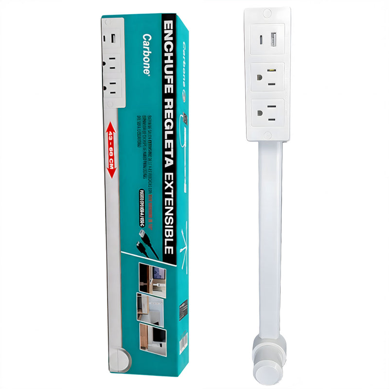 Enchufe regleta extensible de 43 a 68 cm. Con puerto USB y Tipo-C