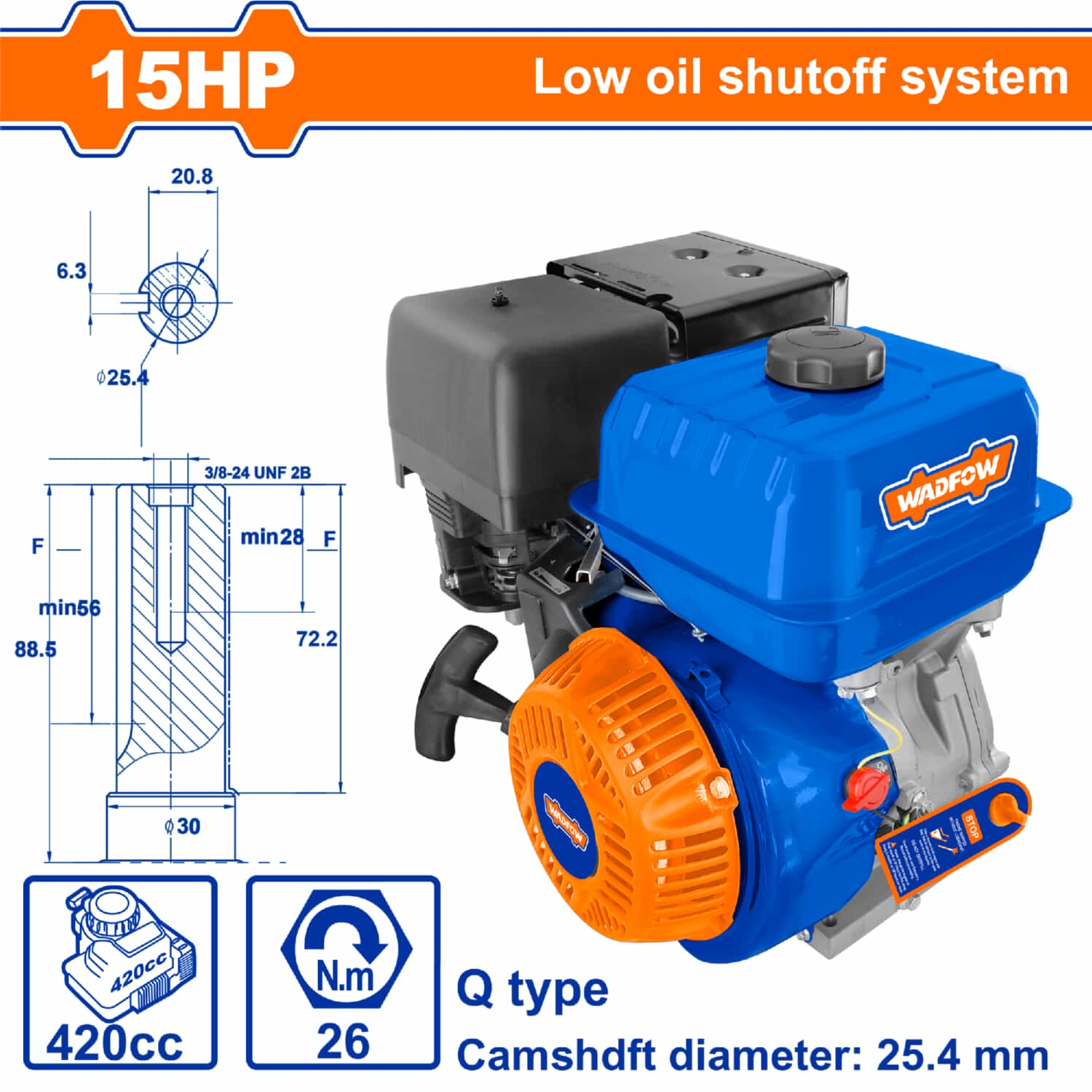 Motor a gasolina 15HP 4 tiempos 25.4mm Q Type 420cc 26Nm Aviso de nivel bajo de aceite.
