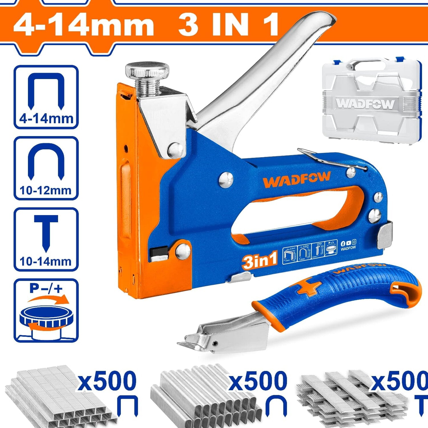 Grapadora 3 en 1. Sacagrapas y Juego de grapas (500 grapas, 500 grapas U, 500 grapas Brad) 4-14mm