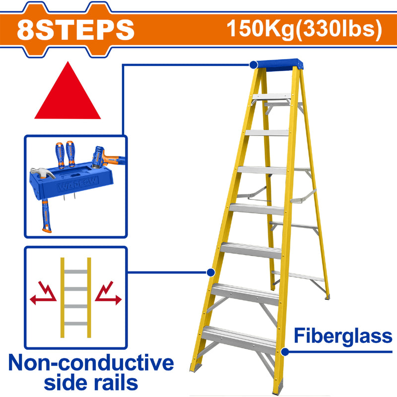 Escalera de fibra de vidrio 8 escalones. Altura de paso: 280mm. Carga máxima: 150Kg.