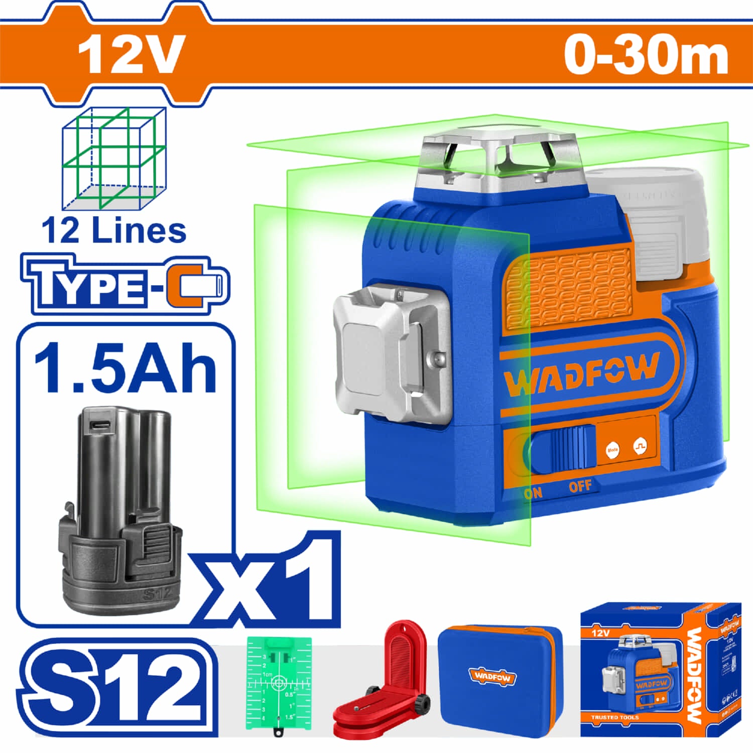 Nivel de Laser Autonivelante(Verde). Rango:0~30m.1 horizontal de 360°/2 planos verticales de 360°  Cargador por separado.