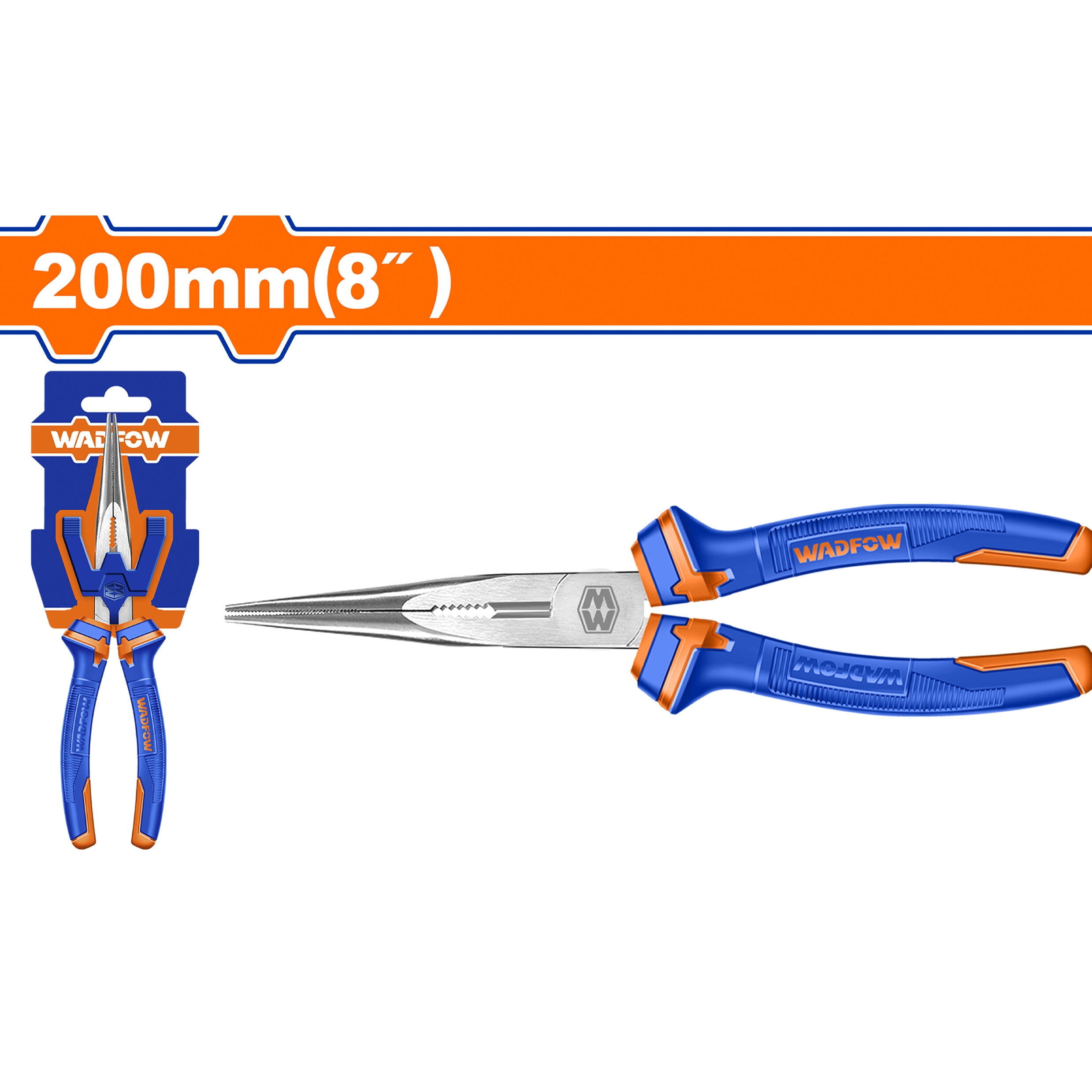 Alicate de punta larga 200mm(8"). Acero al carbono. Mango cómodo. Pulido