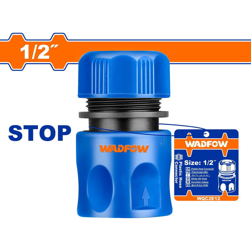 Conector de manguera de plástico con adaptador de 1/2" y función para detener el agua.