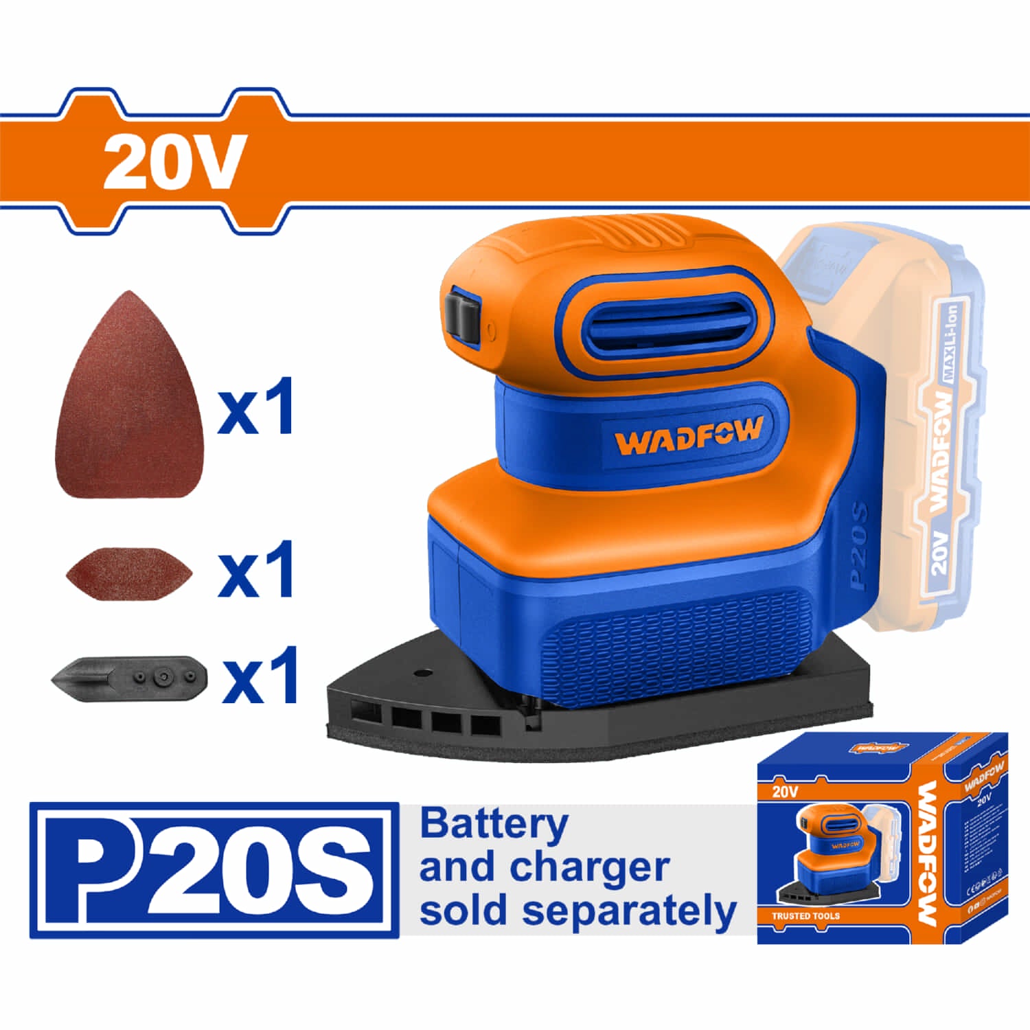 Lijadora delt orbital de Mano Inalámbrica 20V 12000rpm Incluye lijas y almohadillas. Batería y cargador por separado.