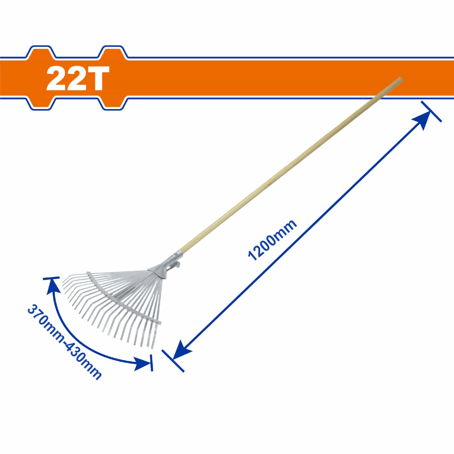 Rastrillo metálico ajustable con mango de madera para Jardín 22 dientes. Long:1200mm Acero al carbono.