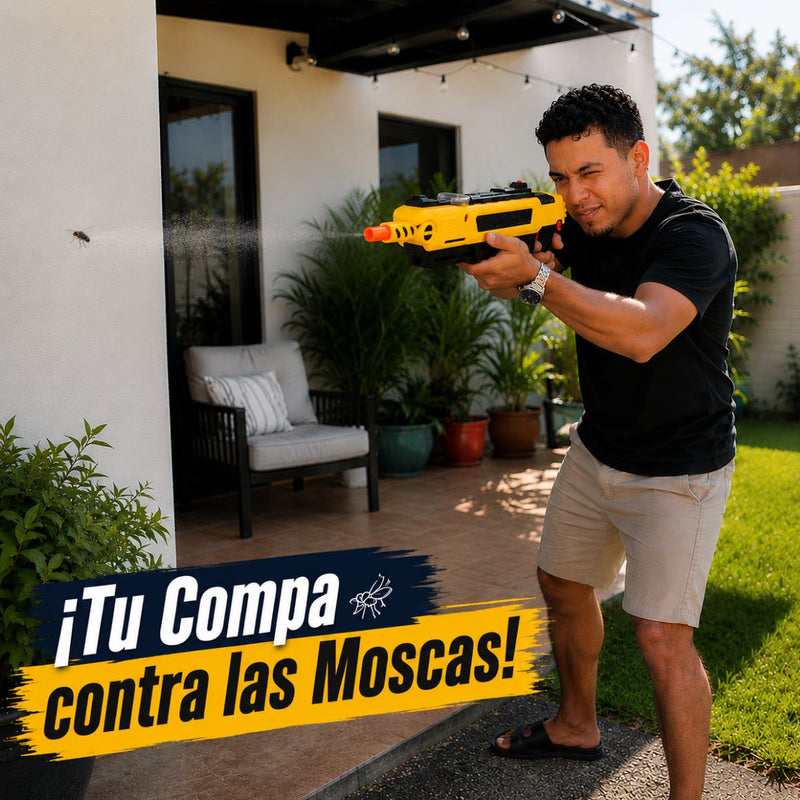 Pistola Lanzadora de Sal Mata Moscas con Sistema de Bombeo Manual, Mira Superior y Depósito Visible. MataInsectos. Color Amarillo y Negro.