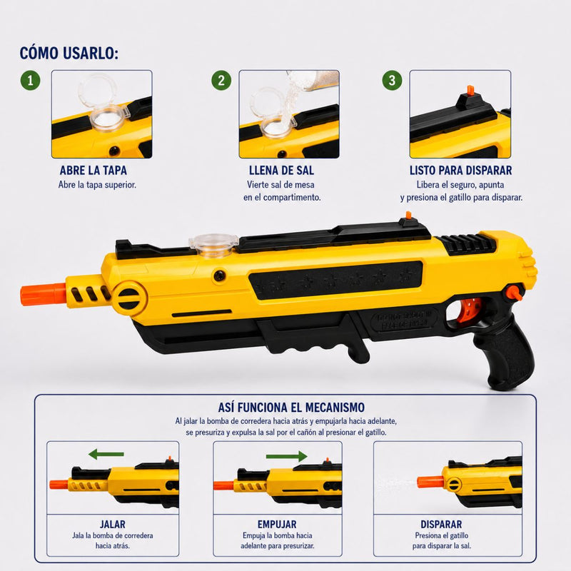 Pistola Lanzadora de Sal Mata Moscas con Sistema de Bombeo Manual, Mira Superior y Depósito Visible. MataInsectos. Color Amarillo y Negro.