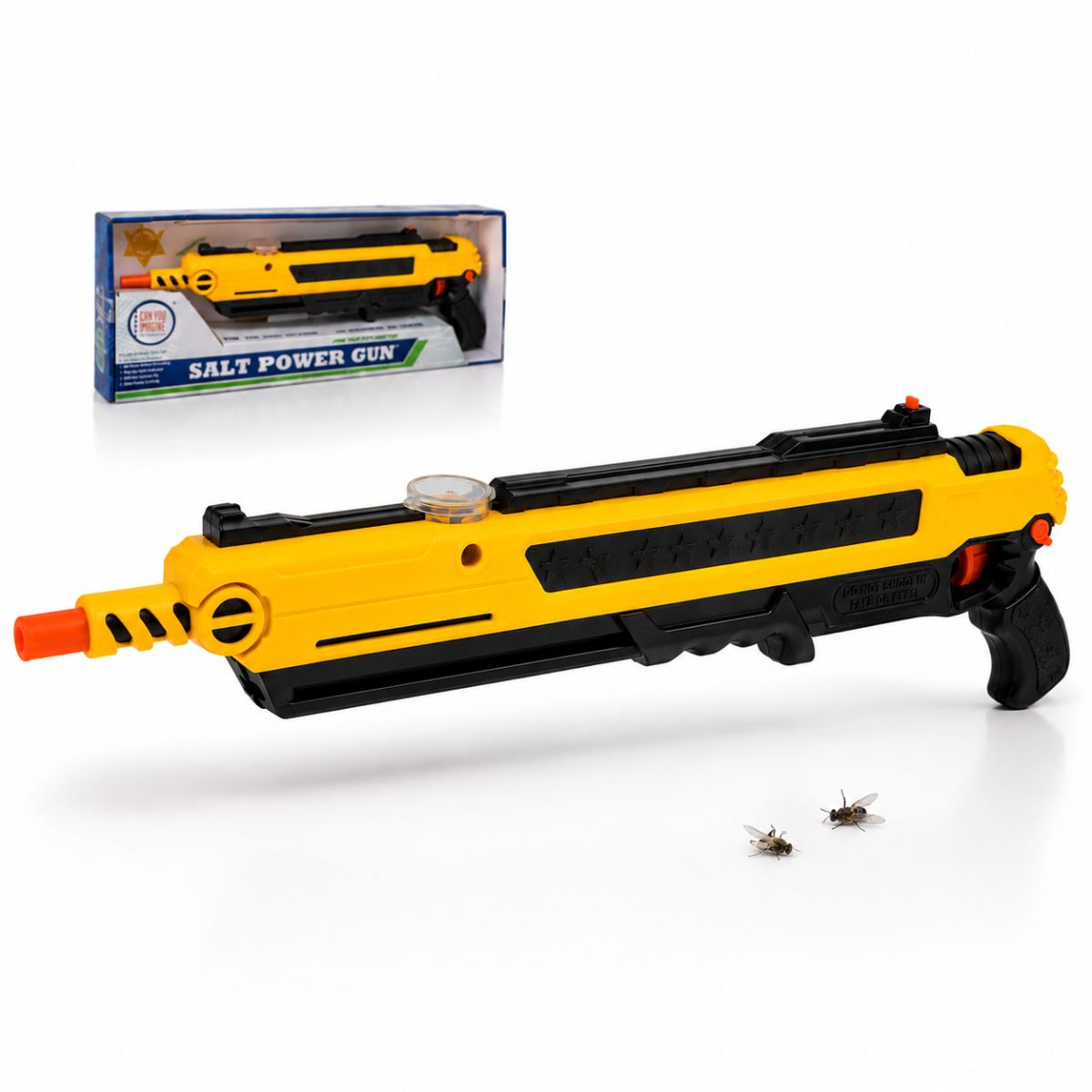Pistola Lanzadora de Sal Mata Moscas con Sistema de Bombeo Manual, Mira Superior y Depósito Visible. MataInsectos. Color Amarillo y Negro.