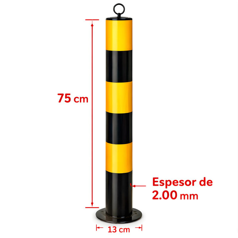 Bolardo de estacionamiento. Poste Acero seguridad. 13x75 cm. Negro Con Franjas Amarillas.