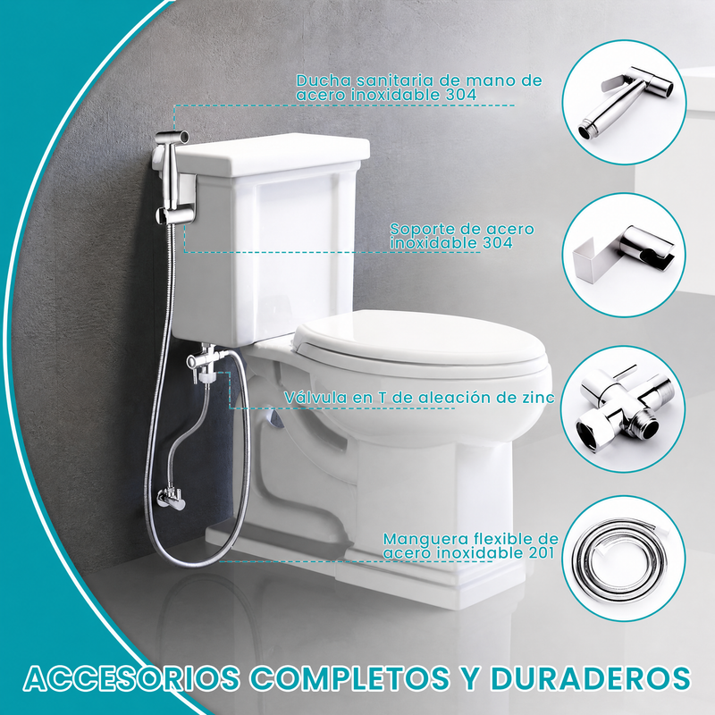 Ducha Sanitaria Tipo Teléfono de Acero Inoxidable 304 con Manguera 1.4m. Bidet de Mano para Inodoro con Válvula en T 3/8". Rociador Higiénico.