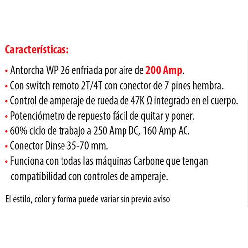 Antorcha Tig WP 26 Cabeza Rigida Con Control De Amperaje 47K.(Dinse 35Mm) 6 Mts.