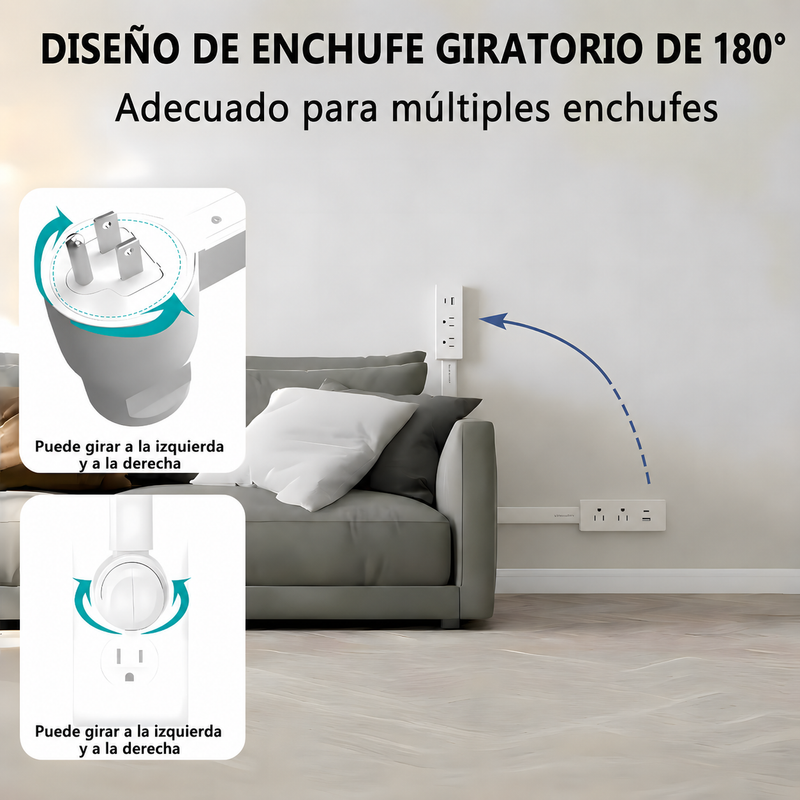 Enchufe regleta extensible de 43 a 68 cm. Con puerto USB y Tipo-C