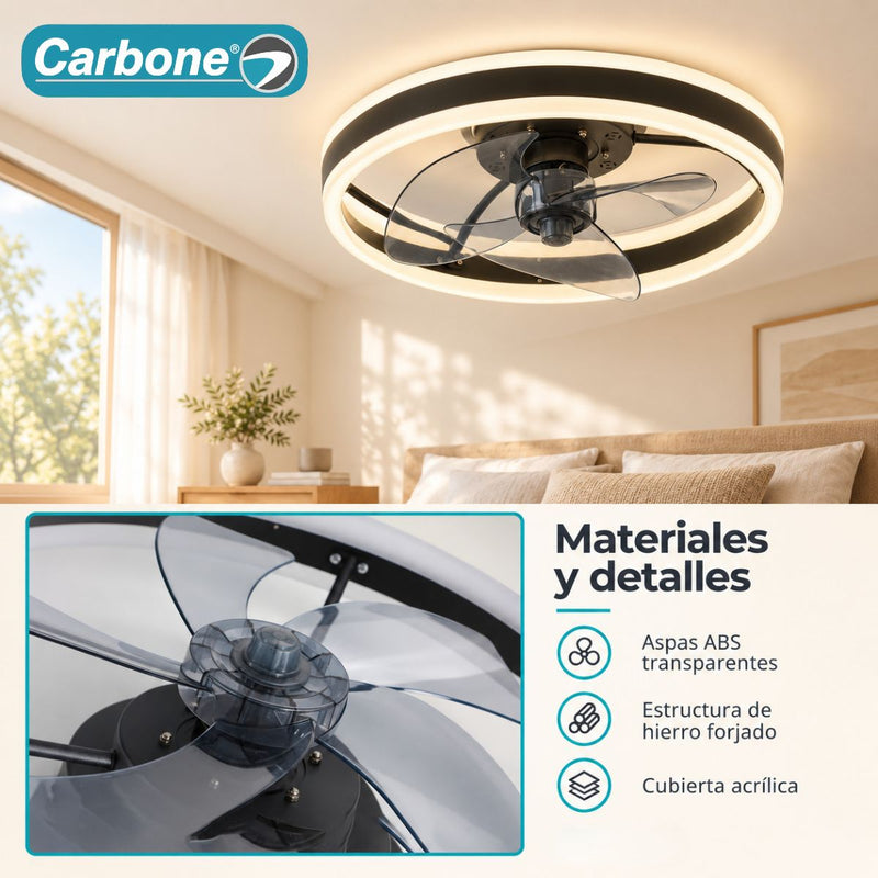 Abanico de Techo Ventilador LED 96W(Color Negro). 3 Tonos de Luz y 6 Velocidades. Ventilador Silencioso 110V (50cm)