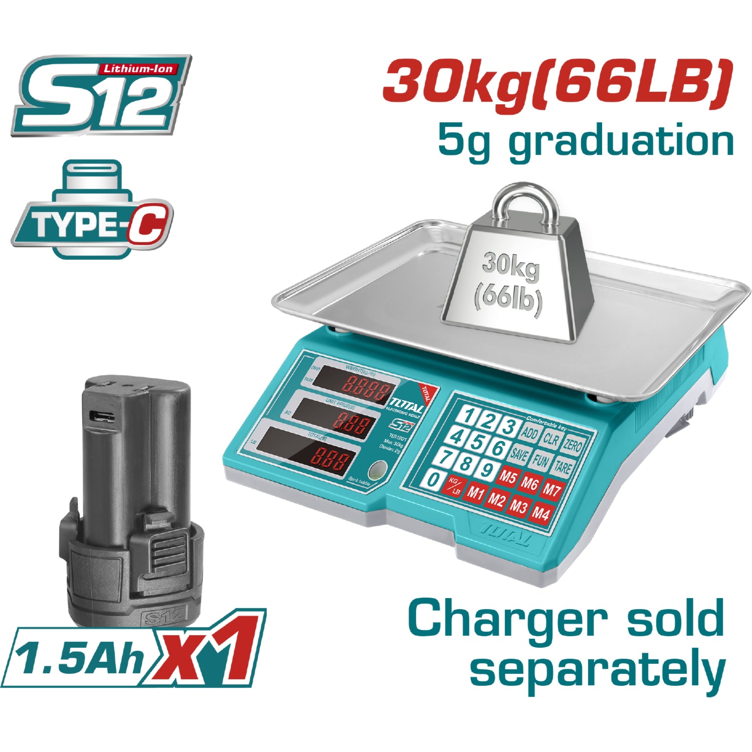 Balanza de Supermercado para Alimentos. 5G-30Kg. Pantalla LED. Bateria 12V. Cargador por separado.