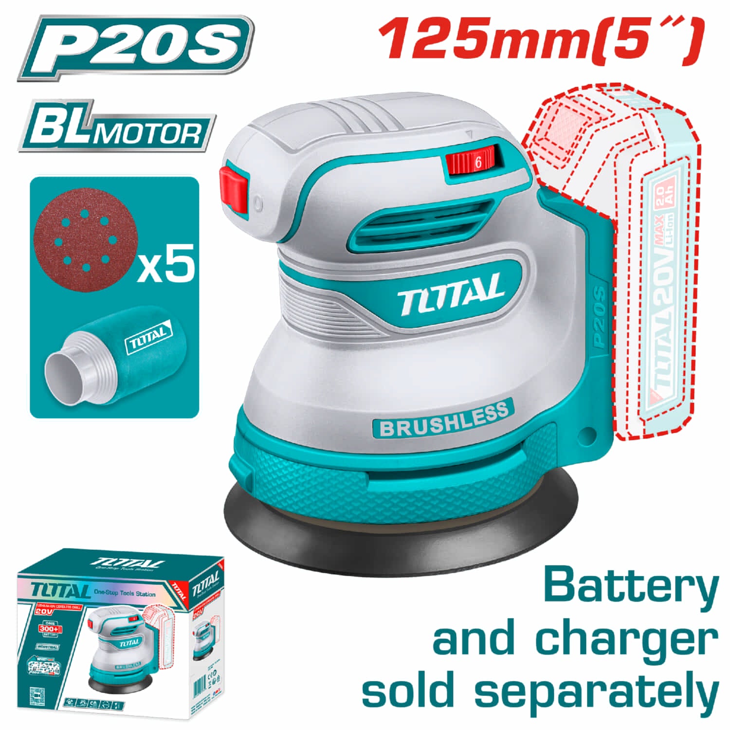 Lijadora Orbital de 5" (125mm) Litio de Batería de 20 V Incluye hojas de Lija.  No incluye Batería ni Cargador.