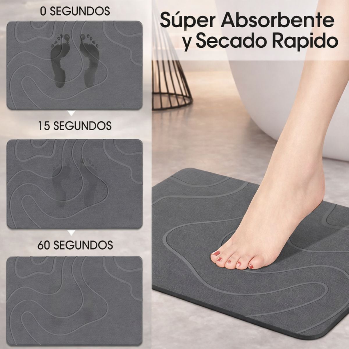Alfombra De Baño de diatomeas Super Absorbente Antideslizante. Tapete baño De Secado Rápido. Color gris 60x39cm