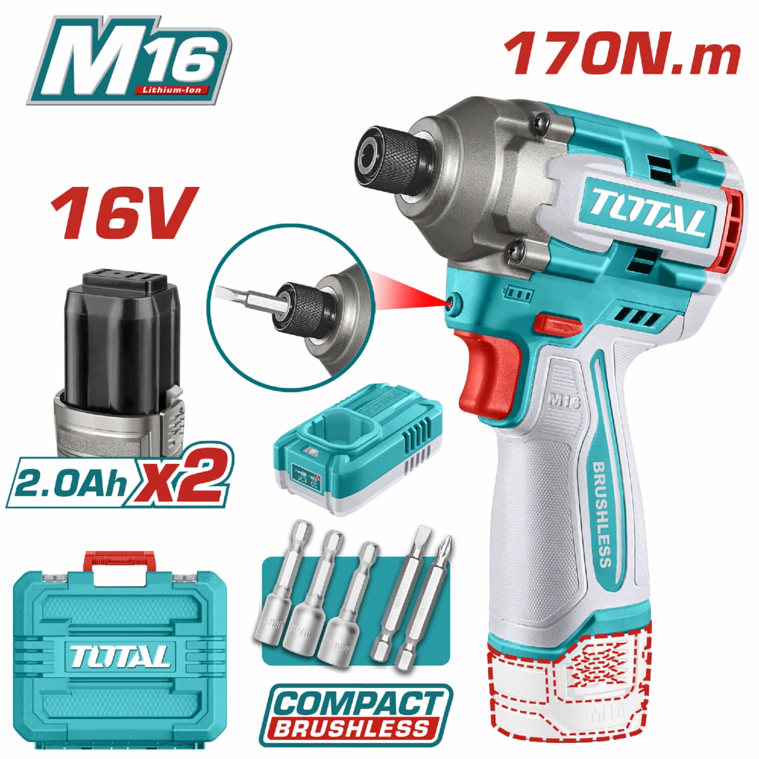Llave de impacto drill 16V 1/4" 170Nm 2700rpm 3500bpm. Incluye batería y cargador.