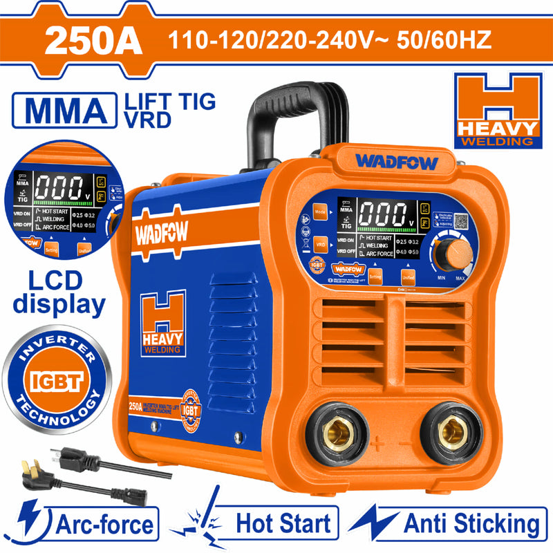 Máquina De Soldar Inverter Heavy Duty Calidad Profesional 60% Ciclo De Trabajo. Soldadora 250A IGBT Pantalla LCD, Lift TIG, VRD Electrodo 2-5mm Anti-stick, Hot start, Arc-force incluye Accesorios