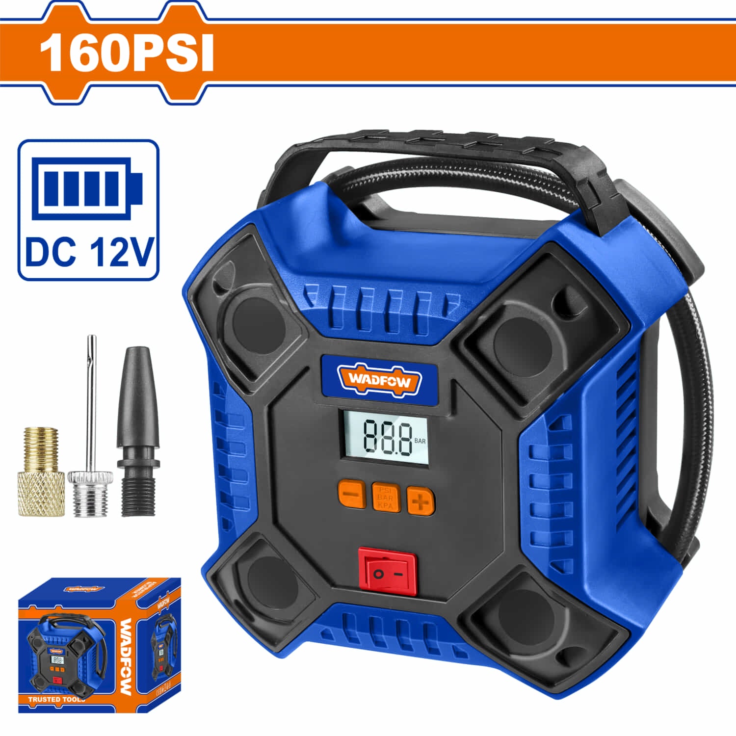 Compresor de Aire Portátil 12V 160PSI 11 Bar Flujo de Aire Max 35L/min Luz de Trabajo incluye accesorios.
