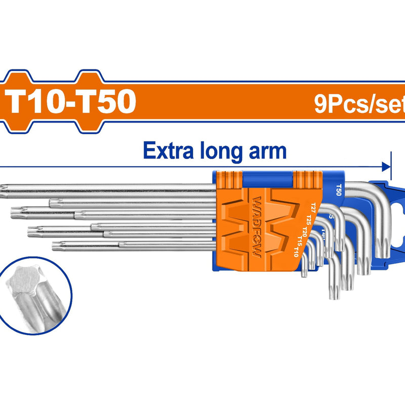 Llaves Torx de brazo extralargo de 9 piezas. T10-T50. Cr-V (Juego)
