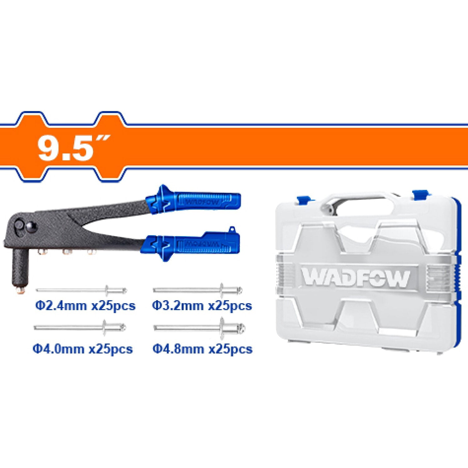 Remachadora Manual de 9.5" y remaches Compatibles(2.4mm,3.2mm,4mm,4.8mm) (Kit 101 pzs) en estuche