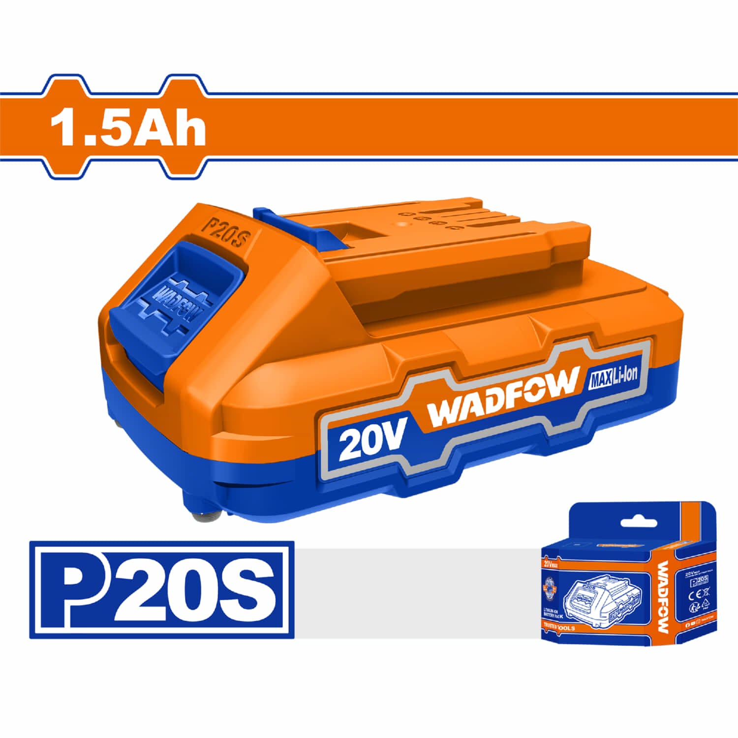 Batería 20V wadfow . Litio 1.5 Ah. Indicador LED Compatible con herramientas inalámbricas P20S.