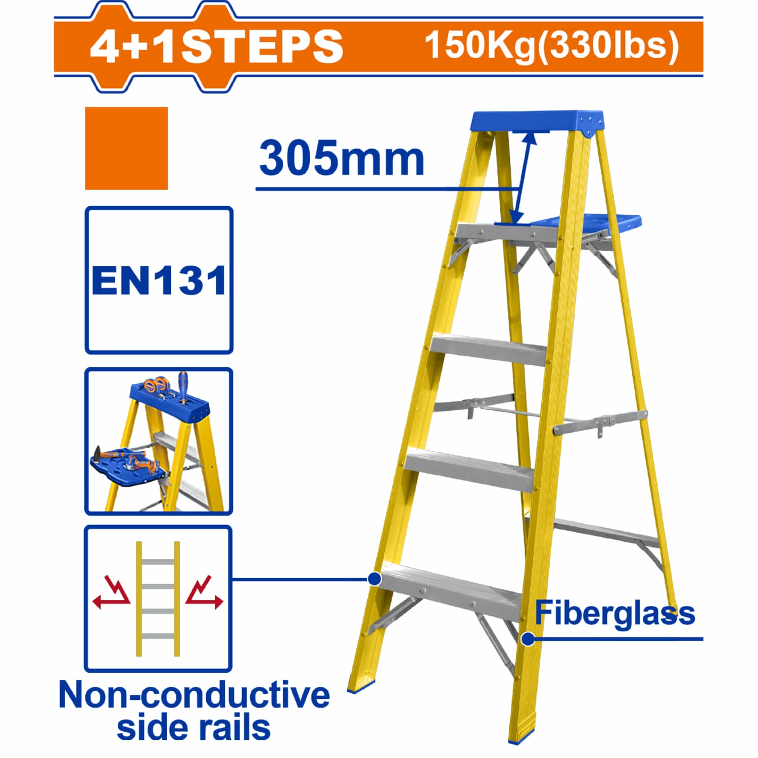 Escalera de fibra de vidrio 5 escalones. Altura de paso: 305mm. Norma EN131 Carga máxima: 150Kg Rieles laterales aislantes. Escalera de tijera