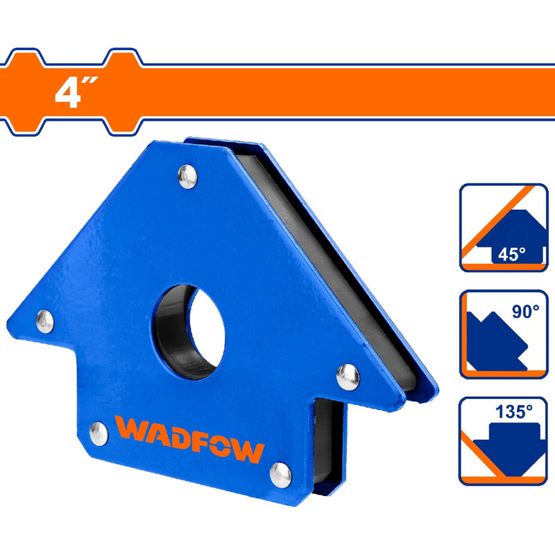 Soporte de soldadura escuadra magnética de 4". Ángulos: 45º, 90º, 135º. Imán y Acero. 50 lbs.