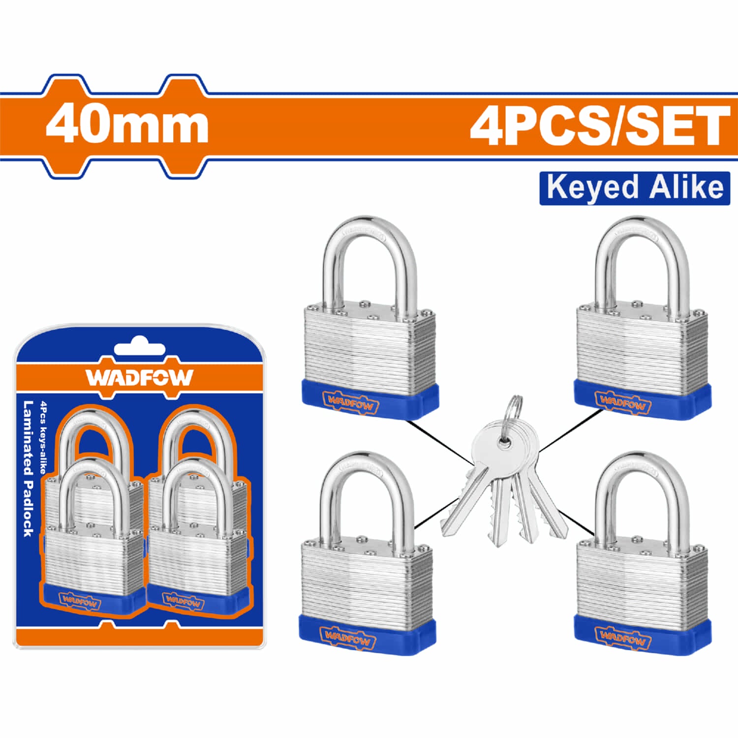 Candados laminados de 40mm con juego de llaves. Incluye 4 candados y un juego de 3 llaves único.