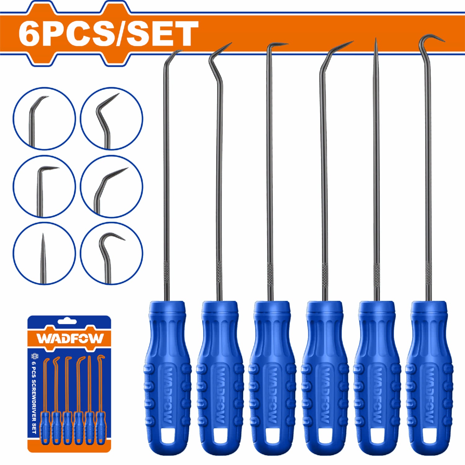 Picos y Ganchos con mango ergonómico. Acero al carbono. Garfios. Set 6 pzas.