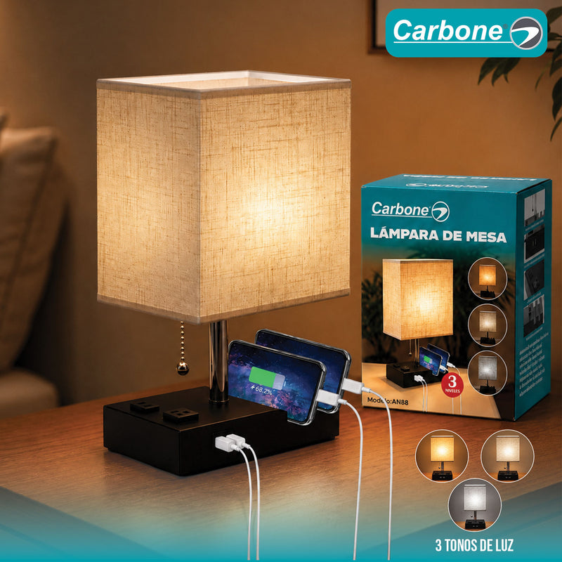 Lámpara de Mesa Multifuncional con Puertos USB y Tomas de Corriente 110V 60W. Luz Ajustable 3 Tonos con Soporte para Teléfono. Color Beige.