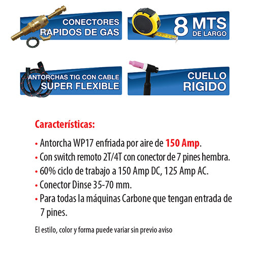 Antorcha Tig WP17 cabeza rigida c/Swich remoto.Cuerpo ergonomico estilo europeo.Dinse 35mm 8 mts.