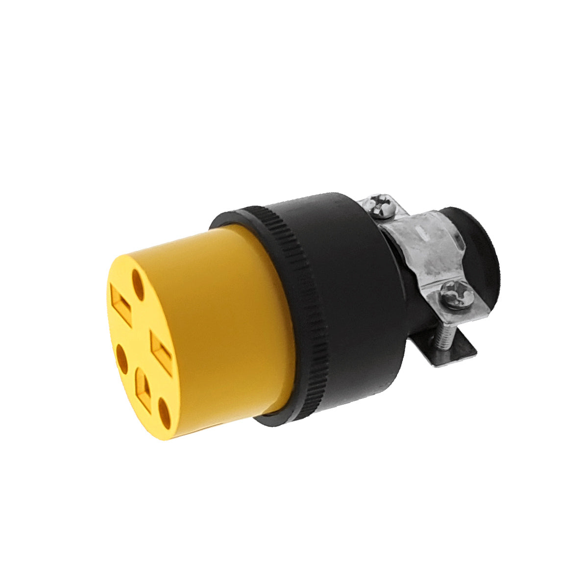Toma Corriente Polarizado con Caucho y Clamp de Seguridad. Conexion Nema 5-15P. 15A-220Volt. 60 Hz