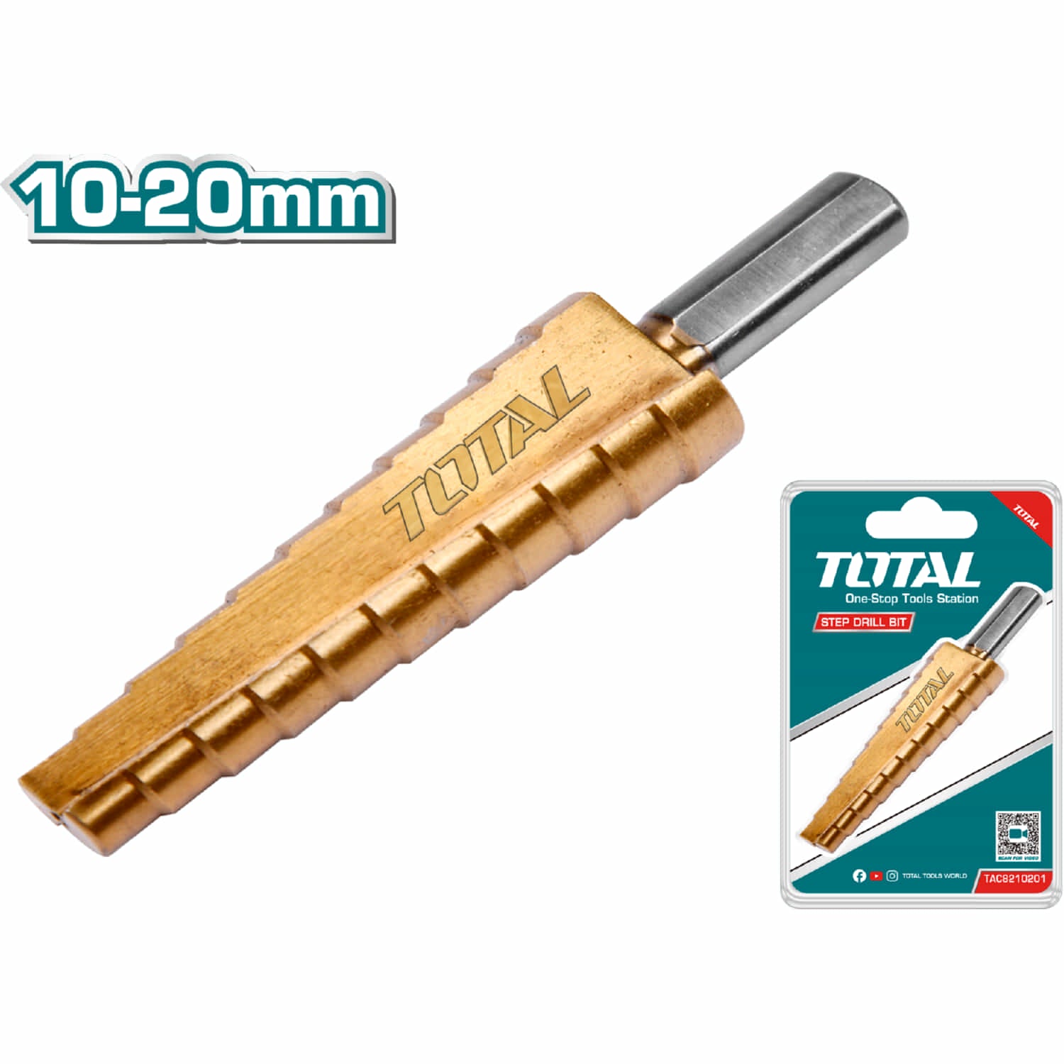 Broca escalonada 10-20mm. Vástago redondo. Pasos: 10-20mm