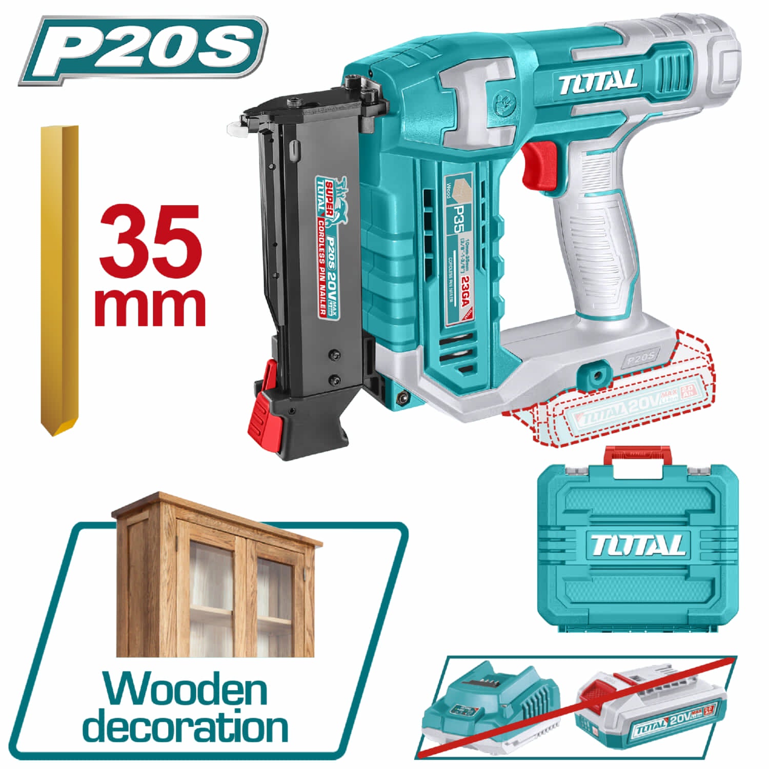 Clavadora de madera 20V Clavos de 10-35mm. Capacidad de 140 pzs. Ideal para decoración. No incluye batería ni cargador.