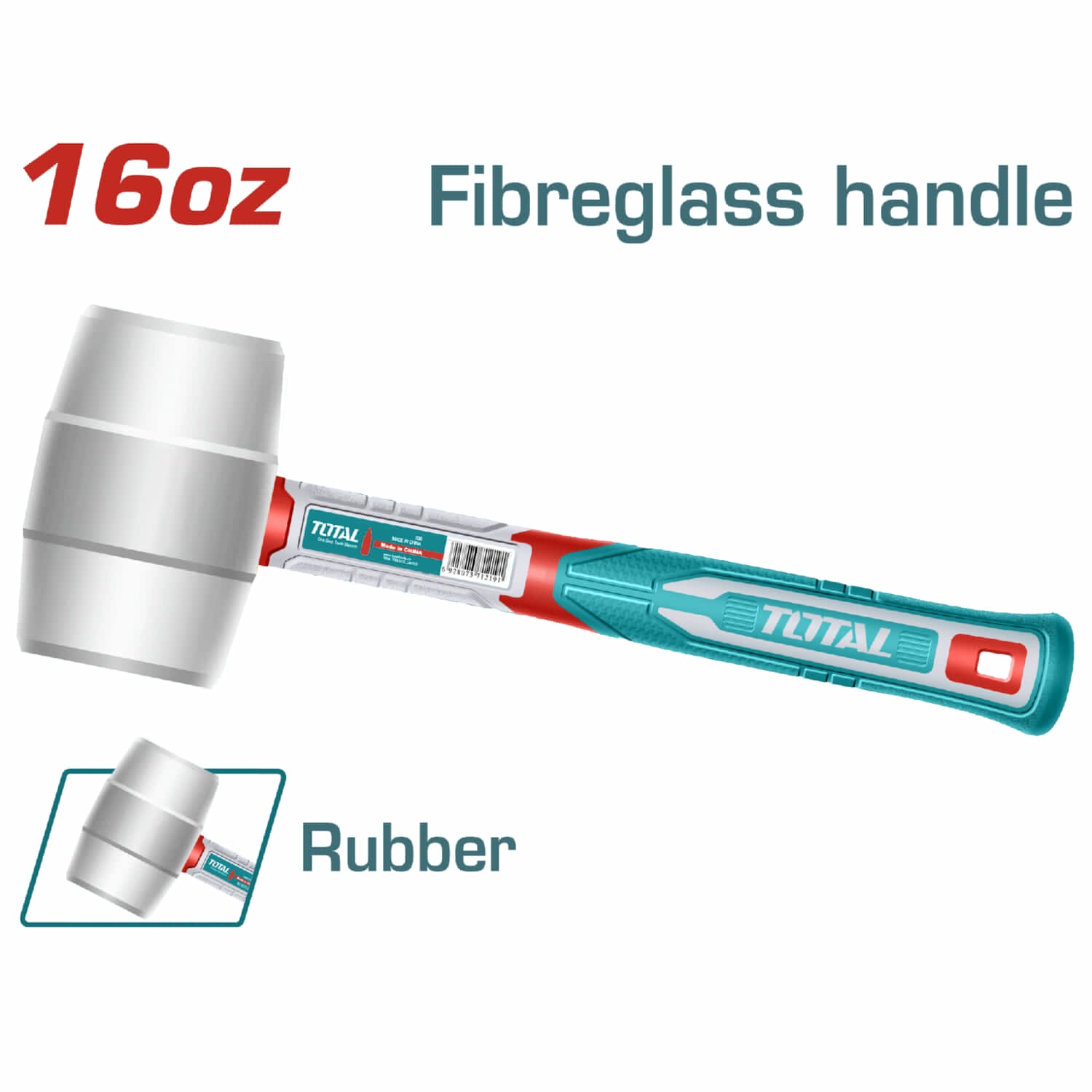 Mazo de goma 16oz goma natural, tipo suave. Mango fibra vidrio.