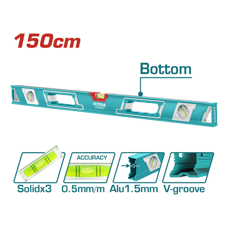 Nivel de Burbuja en forma de V para Objetos Cilindricos 150 cm. Espesor del Aluminio 1.5 mm.