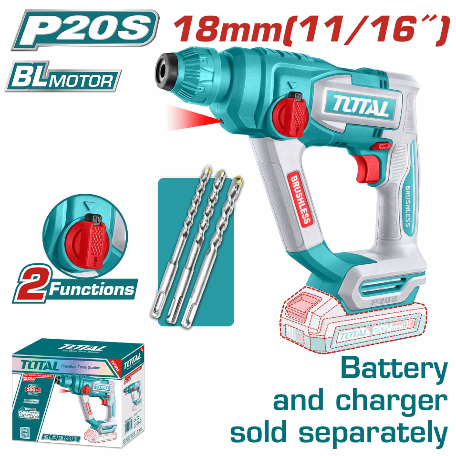 Taladro Rotomartillo 20V 850rpm. 5100bpm. Perfora 18mm en concreto. No incluye batería y cargador. Super Total