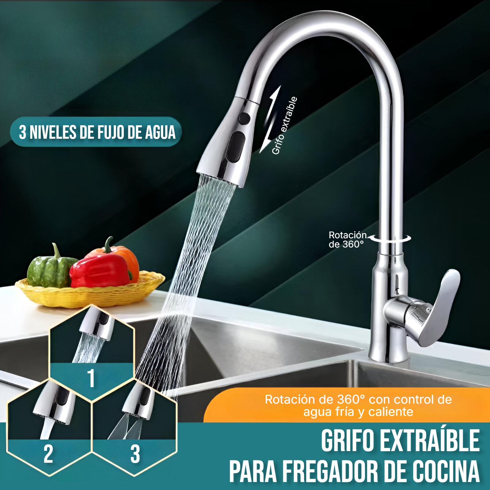 Grifo para Fregador de Cocina con manguera extraíble, Color Metal Cromado