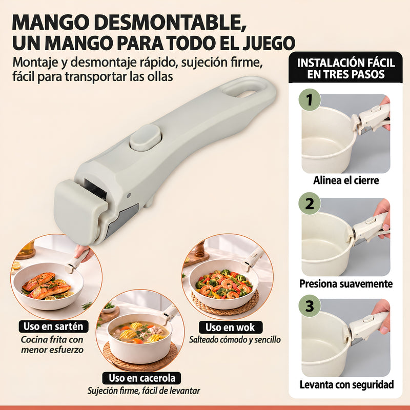 Ollas y Sartenes de cocina antiadherente con Mango Desmontable. Set de 9 piezas de cerámica. Juego de Sartenes, wok y cacerolas con tapas.