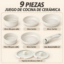 Ollas y Sartenes de cocina antiadherente con Mango Desmontable. Set de 9 piezas de cerámica. Juego de Sartenes, wok y cacerolas con tapas.