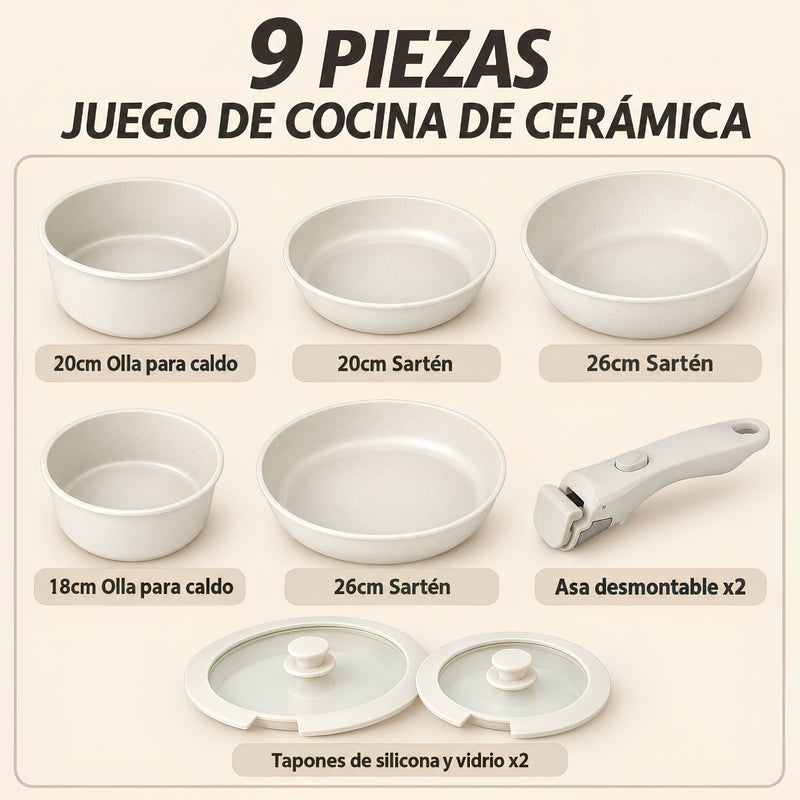 Ollas y Sartenes de cocina antiadherente con Mango Desmontable. Set de 9 piezas de cerámica. Juego de Sartenes, wok y cacerolas con tapas.