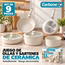 Ollas y Sartenes de cocina antiadherente con Mango Desmontable. Set de 9 piezas de cerámica. Juego de Sartenes, wok y cacerolas con tapas.