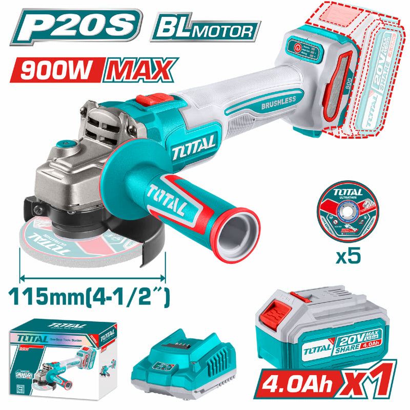 Flexible Esmeriladora Inalámbrica 4-1/2" 20V Incluye discos abrasivos, batería y cargador.