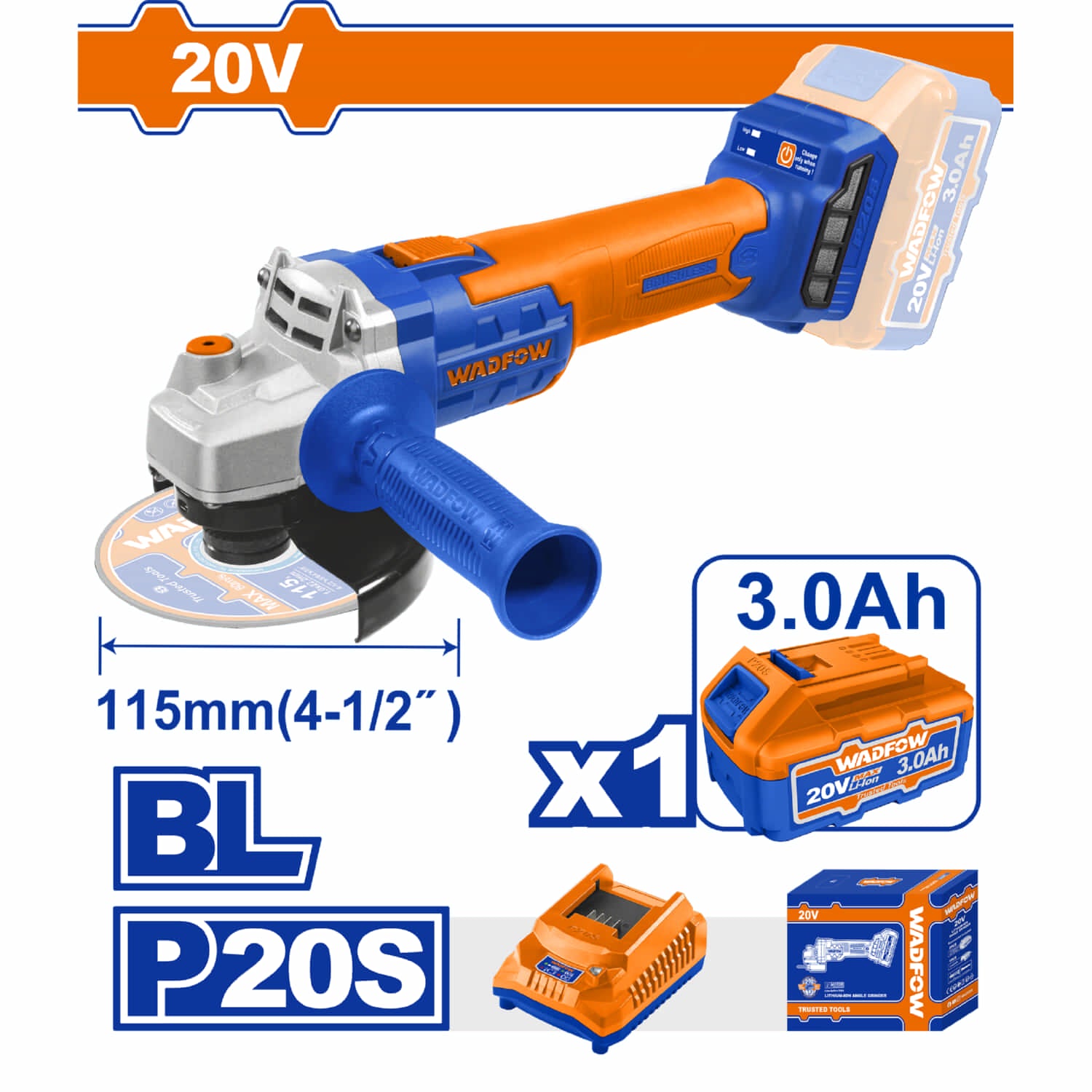 Esmeril Flexible 20V inalámbrica Brushless 4-1/2". Incluye baterías y cargador. Esmeriladora angular