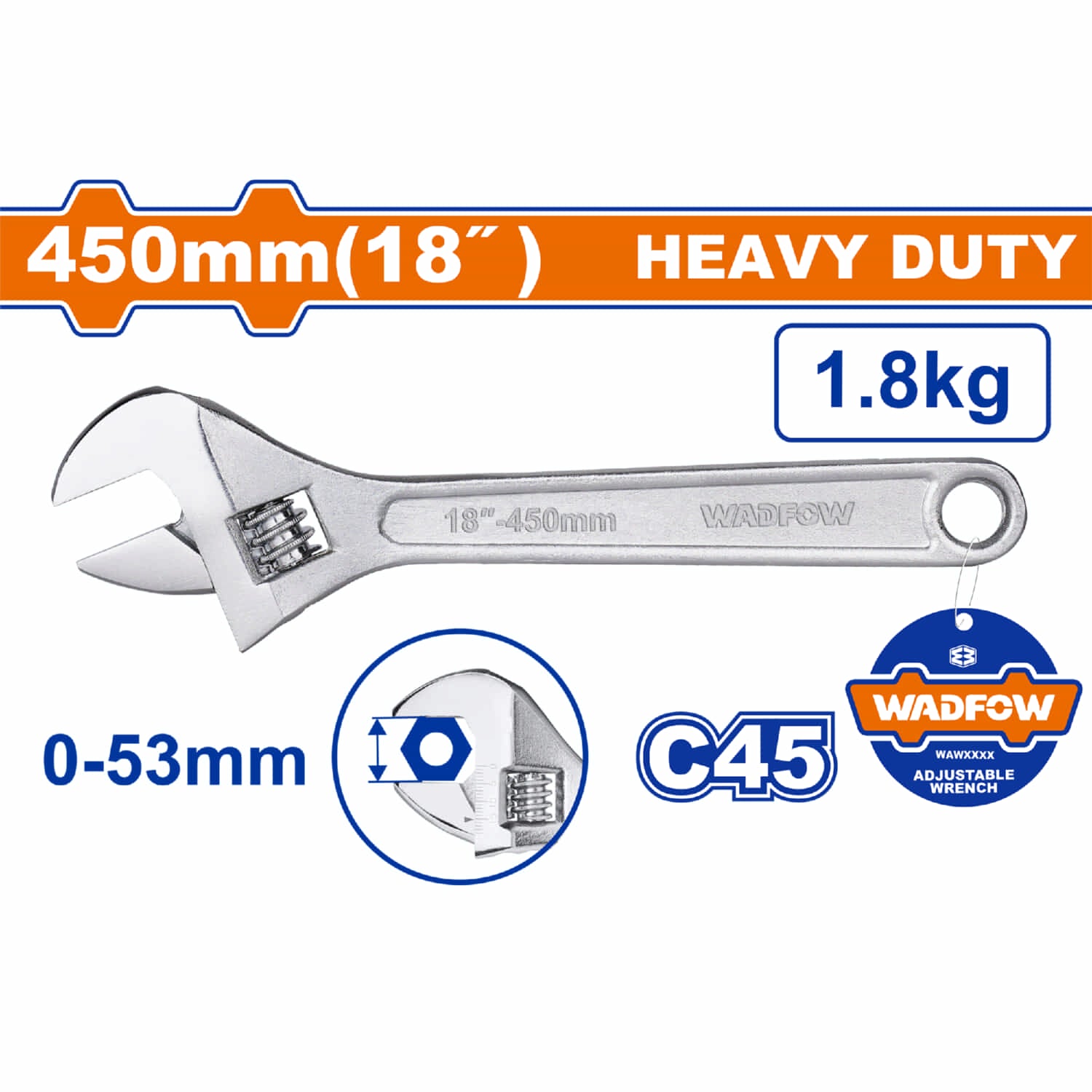 Llave ajustable 18" Ajustable: 0-54mm Acero al Carbono. Llave francesa.