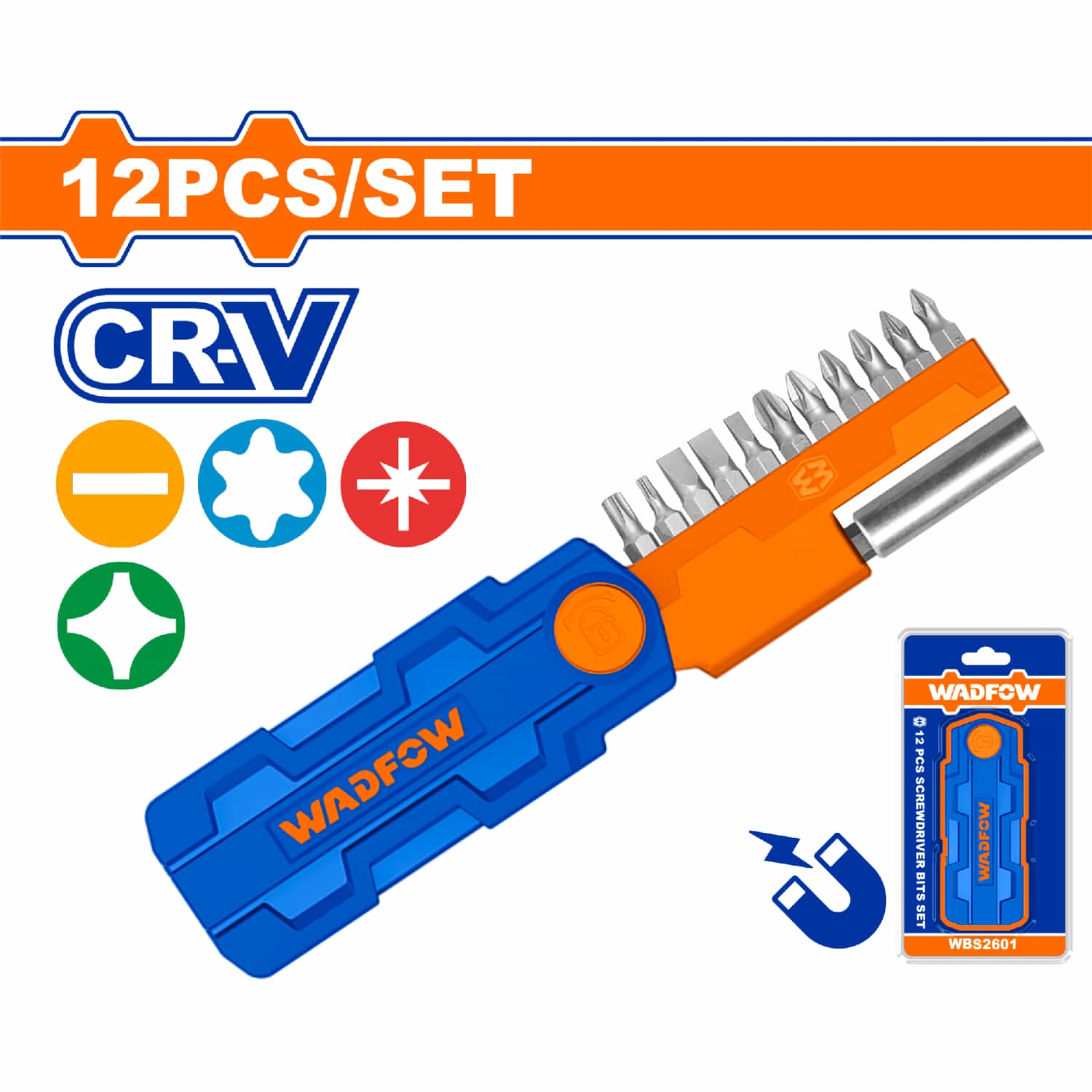 Puntas destornillador 25mm. CR-V. Brocas: PH1,PZ1,SL4,T20. Punta magnética. Incluye un soporte. Juego de 12 pzas.