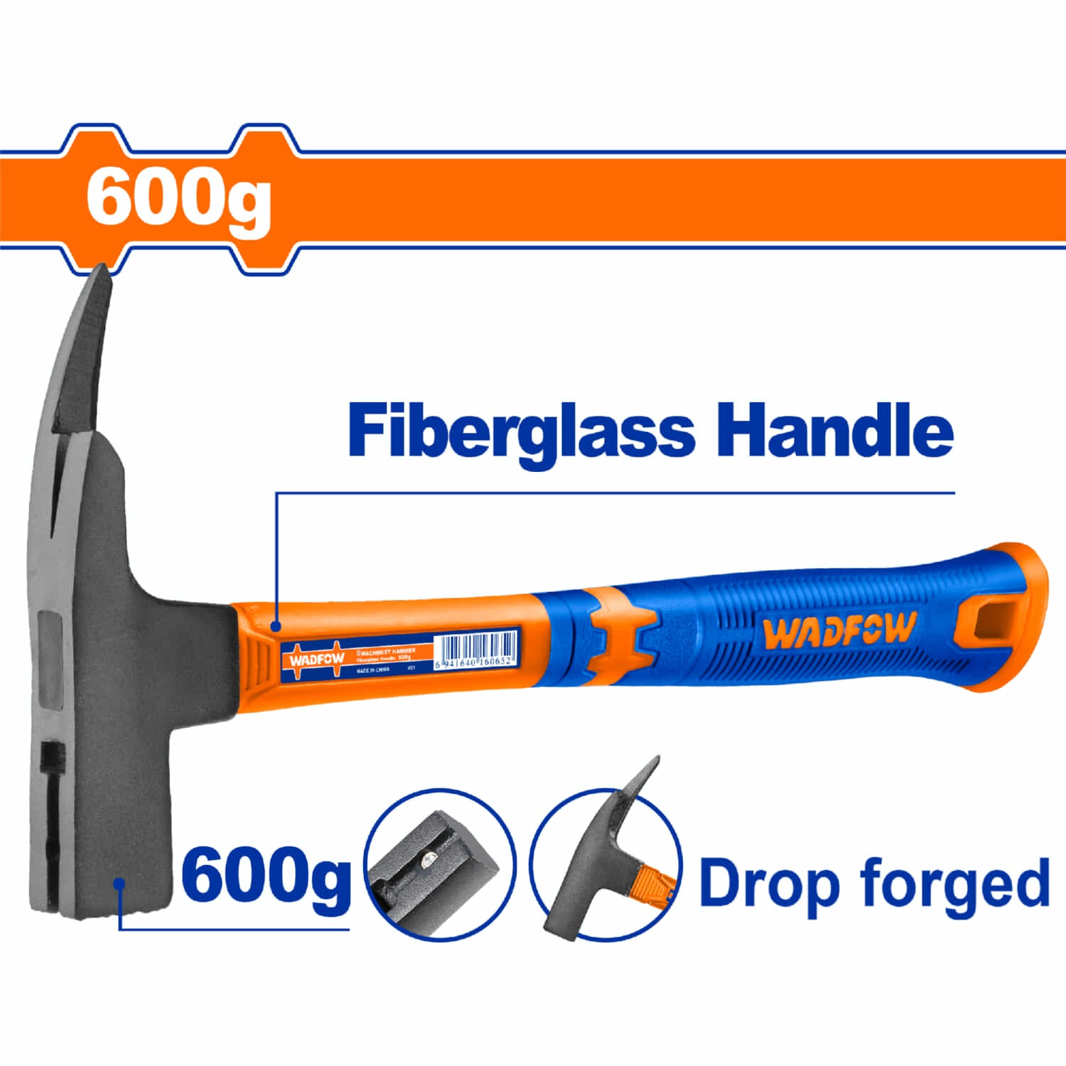 Martillo Para Techo 600g. Tratamiento térmico. Acero al carbono #45. Mango Fibra de Vidrio.