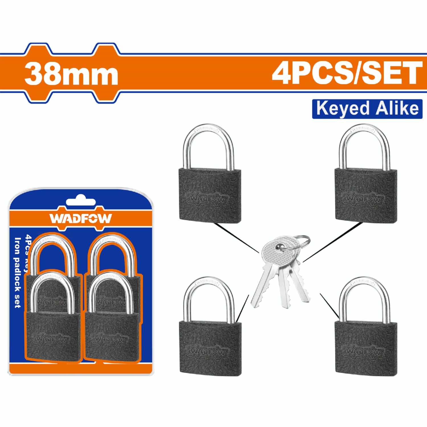 Candados de hierro de 38mm con juego de llaves. Incluye 4 candados y un juego de 4 llaves único.