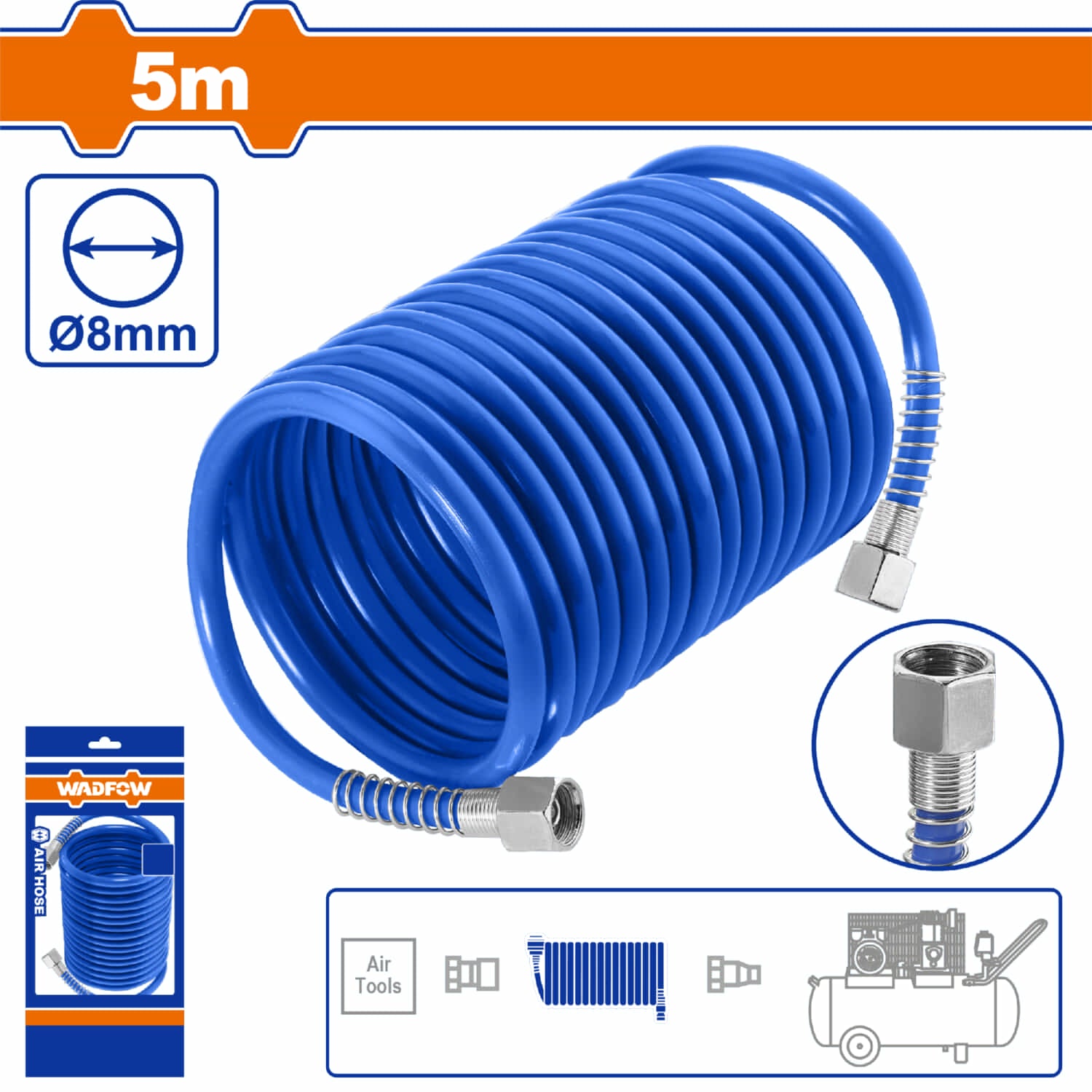 Manguera de aire de 5m. Diámetro 8mm. Solo con conectores roscados. Para compresor